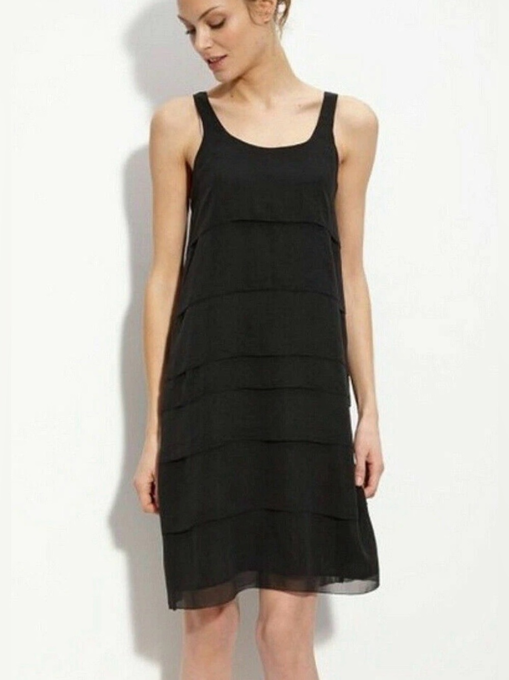 Eileen Fisher Sheer Silk Georgette Tiered Sleeveless Dress Sz L. MSRP $298
